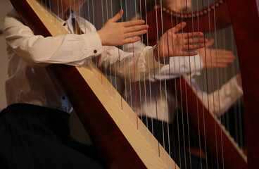 Girl Playing Harp Hands Fingers on String image Concept Musical String Instrument