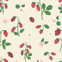 Seamless vector repeat pattern with strawberries and blossom on cream. Sophisticated illustration with red berries and pink flowers on beige ivory background