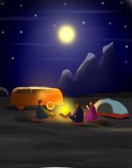 Obraz na płótnie Canvas Stylish book illustration night with friends in nature in the mountains canyon on a van with a tent and a fire funny stories