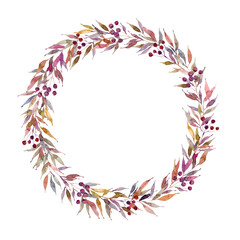 Watercolor wreath of branches with leaves and berries, Floral circle frame, Isolated element on white background, Decorative composition, 