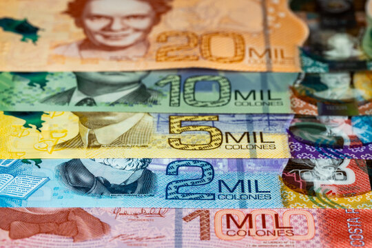 Costa Rica, New banknotes called colones, All denominations, Close up, Financial business concept, Landscape photo