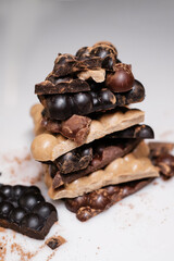 Different types of chocolate covered with cocoa. Sweet dessert. Side view.