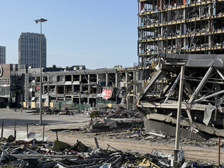 Destroyed shopping mall due to missile strike in Kyiv during Ukraine's war with Russia in 2022