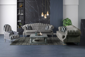 3D rendering of neoclassical living room interior. furniture set