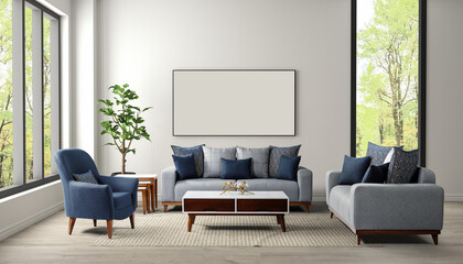 3D rendering .modern living room .modern furniture .photo frame And Flower Pots and carpet