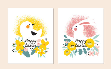 Bundle Happy Easter greeting card, poster and cover design. White rabbit and chicken with spring flowers. Bundle of vector vector holiday designs for typography. Flat style illustration