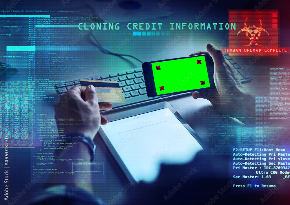 Poster nothing online is 100 safe. cropped shot of an unrecognizable male hacker at work.