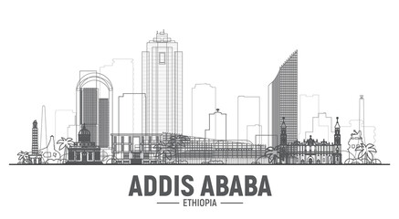 Addis Ababa ( Ethiopia ) line city skyline on white background. Stroke vector illustration. Business travel and tourism concept with modern buildings. Image for banner or website.
