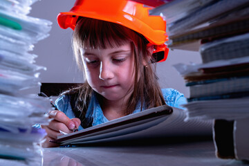 Humorous photo of young female engineer architect working on an architectural and construction projects. Engineering, construction and business concept.