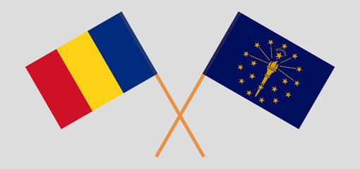 Crossed flags of Romania and the State of Indiana. Official colors. Correct proportion