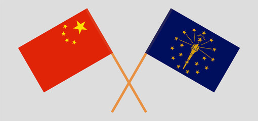 Crossed flags of China and the State of Indiana. Official colors. Correct proportion