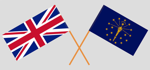 Crossed flags of United Kingdom and the State of Indiana. Official colors. Correct proportion