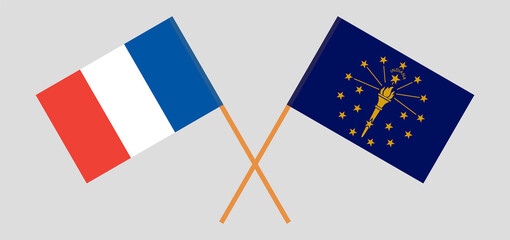 Crossed flags of France and the State of Indiana. Official colors. Correct proportion