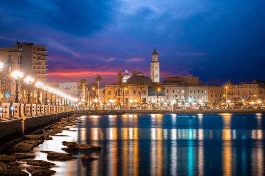 Panoramic view of Bari, Southern Italy, the region of Puglia(Apulia) seafront at dusk. Basilica San Nicola in the background. 