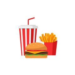 Fast food lunch meal set. Classic burger, french fries pack, soda drink. Flat vector illustration