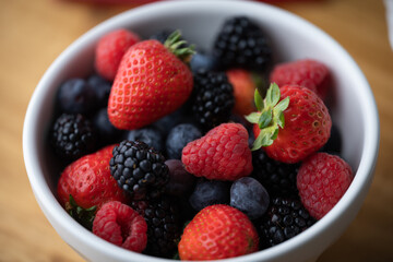 berries in white bowl, strawberry, blackberry, raspberry
