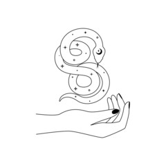 Magical hands and celestial snake in outline style. Spiritual serpent symbol for branding name logo. Esoteric mystical silhouette serpent for magic witch craft. Linear Vector illustration