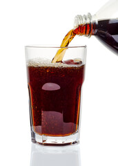 Pouring cola drink to glass on white background