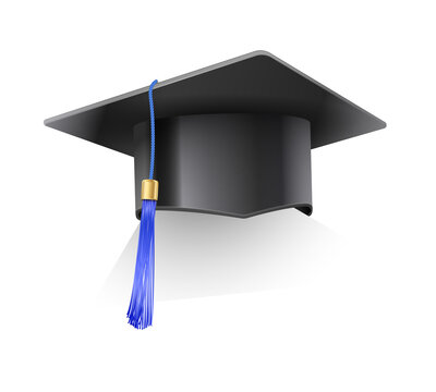 Vector realistic mortar hat. Philosopher student graduation cap with blue tassel. Black hat at graduation at the university. Symbol of academic education, higher university bachelor headdress.