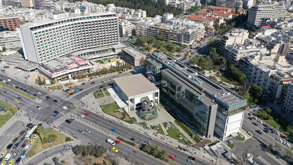 Aerial drone photo of famous cityscape in Athens centre of Vasilisis Sofias Avenue and Vasileos...