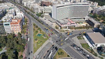 Aerial drone photo of famous cityscape in Athens centre of Vasilisis Sofias Avenue and Vasileos Konstantinou, Attica, Greece