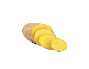 Ripe potato tuber and sliced circles on a white background.