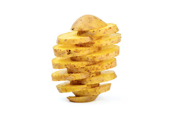 A tower of raw potato slices on a white background.