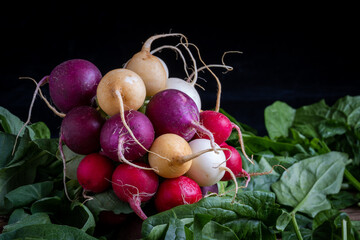 un bouquet de radis multicolore avec leurs racines
