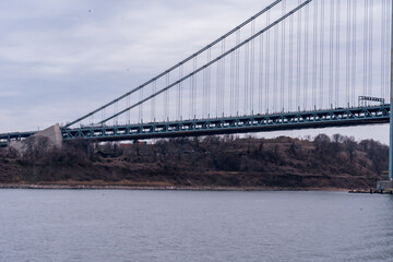 The Verrazano Narrows Bridge connecting Staten Island to Brooklyn as seen from New York Harbor.   