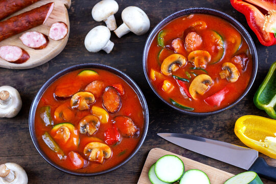 Letcho with peppers, zucchini, sausage and mushrooms