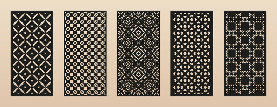 Laser cut patterns. Vector set with floral geometric ornament, abstract grid, mesh. Traditional oriental style design. Template for cnc cutting, decorative panels of wood, metal. Aspect ratio 1:2