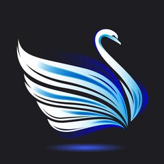 Stylized White Swan silhouette on black background. Bird image. Vector illustration. Works well as a tattoo, emblem, print, computer icon, insignia, mascot, element for greeting card.