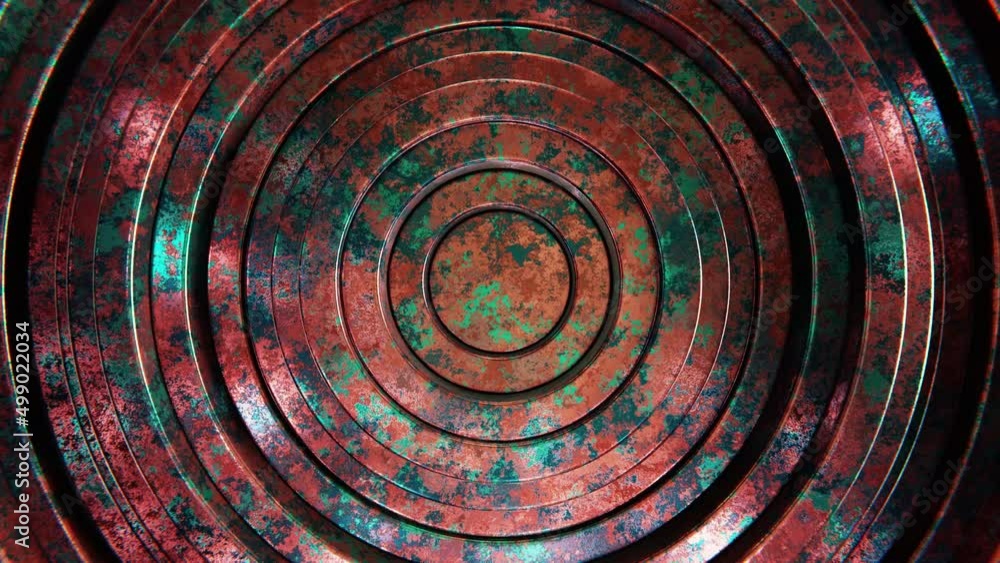 Poster realistic abstract looping 3d animation of the moving weathered corroded copper or bronze rings rend