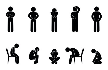 sad man icon, fatigue and pain illustration, stickman in depression, stick figure human silhouette