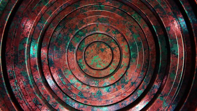 Realistic abstract looping 3D animation of the moving weathered corroded copper or bronze rings rendered in UHD