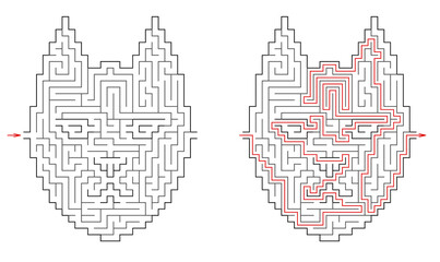 Cat head maze. Difficult vector labyrinth with entry and exit. Riddle with solution - red passing route. Logic game for brain training isolated on white background.