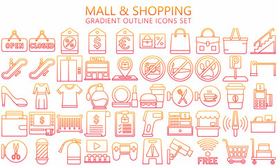 Fototapeta na wymiar Market Shopping mall, retail, gradient outline icon set with sale offer and payment symbols. Used for web, UI, UX kit and applications, vector EPS 10 ready convert to SVG