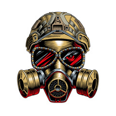 Gas mask and military tactical helmet isolated on white background. Chemical weapon or  biohazard concept. Vector illustration.