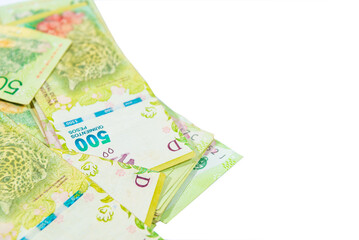 five hundred argentinean peso money, white background, copy space, business concept