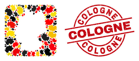 German state map mosaic in German flag official colors - red, yellow, black, and distress Cologne red circle stamp print. Cologne badge uses vector lines and arcs.