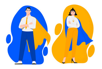Ukrainian entrepreneurs concept. Man and woman in blue and yellow superhero capes develop business and promote company. Politician or journalist. Cartoon flat vector set isolated on white background © Rudzhan