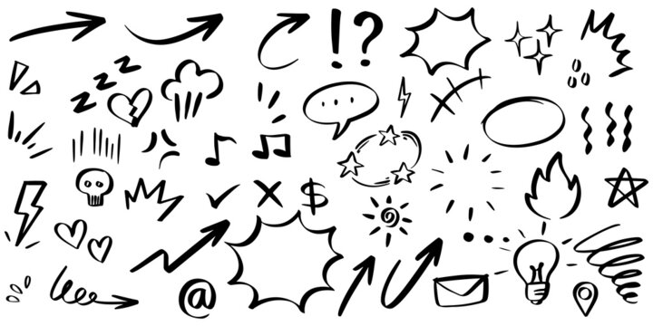 set of hand drawn cartoon expression sign doodle isolated on white background. vector illustration.