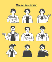 笑顔で案内する男女の医者と子供　シンプルでかわいいイラストセット