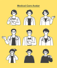 マスクをつけて案内する男女の医者と子供　シンプルでかわいいイラストセット