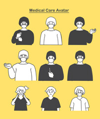 手術着を着た男女の医師と子供のイラストセット