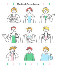 笑顔で案内する男女の医者と子供　シンプルでかわいいイラストセット