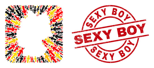 German state map mosaic in German flag official colors - red, yellow, black, and dirty Sexy Boy red circle seal. Sexy Boy badge uses vector lines and arcs.