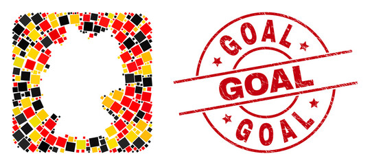 Germany geographic map collage in Germany flag official colors - red, yellow, black, and Goal red round stamp imitation. Goal seal uses vector lines and arcs.