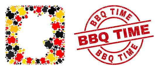 Germany map mosaic in Germany flag official colors - red, yellow, black, and rubber BBQ Time red round watermark. BBQ Time stamp uses vector lines and arcs.
