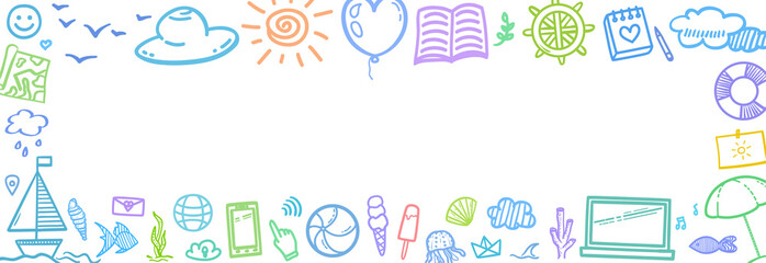 Fototapeta na wymiar Hand drawn colored holiday elements. Colorful sketchy doodles. Summer holidays. Vacation trip. Web banner